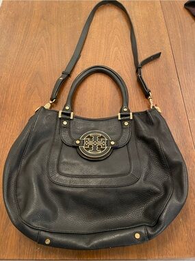 Tory Burch Black Pebbled Leather Convertible Shoulder Bag with Gold Logo